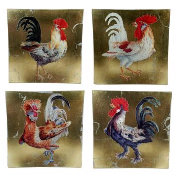 4 Assiettes Coq en Découpage sous verre