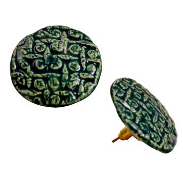 Boucles d'oreilles Céramique, Modèle Feuillage, vert foncé, oreille percée [2]