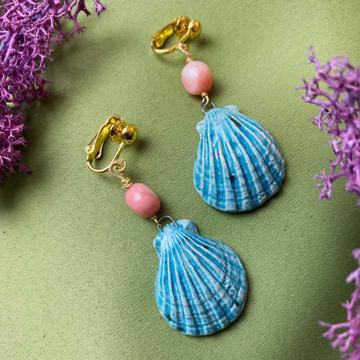 Boucles d'Oreilles Coquillage en corail et faïence, turquoise, oreille non percée [4]