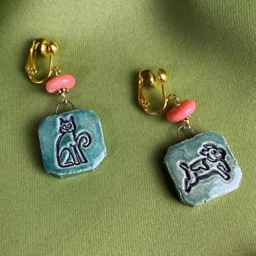 Boucles d'Oreilles Chat et Chien en faïence, vert mer, oreille non percée [5]