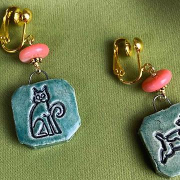 Boucles d'Oreilles Chat et Chien en faïence, vert mer, oreille non percée [7]