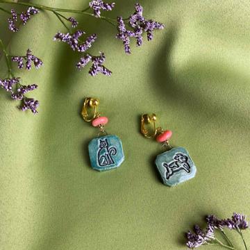 Boucles d'Oreilles Chat et Chien en faïence, vert mer, oreille non percée [4]