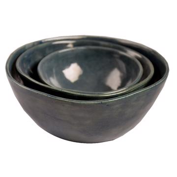 Bols ronds en faïence tournée, bleu gris, set de 3