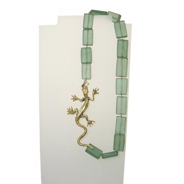 Collier Lézard en verre dépoli et métal argenté ou doré