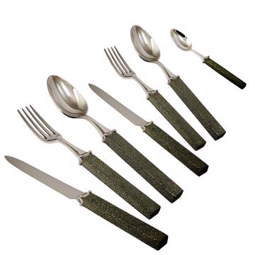 Couvert Galuchat en cuir véritable, vert foncé, set de 7