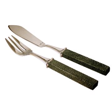 Couverts à poisson Galuchat en cuir véritable, vert foncé [3]