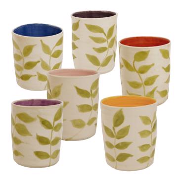 Leaves Cup in turned earthenware, multicolor, set of 6