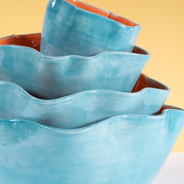 4 saladiers ondulés en faïence tournée, turquoise [2]