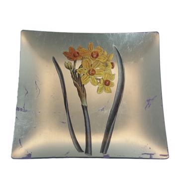 Assiette Table Jonquille en découpage sous verre, argent, jonquille 4 [4]