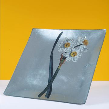 Assiette Table Jonquille en découpage sous verre, argent, jonquille 1 [1]