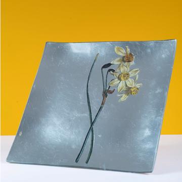 Assiette Table Jonquille en découpage sous verre, argent, jonquille 3 [1]