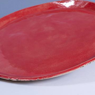 Birds service in stamped sandstone, dark red, 27 cm diam. [2]