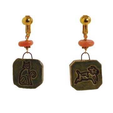 Boucles d'Oreilles Chat et Chien en faïence, vert mer, oreille non percée [6]