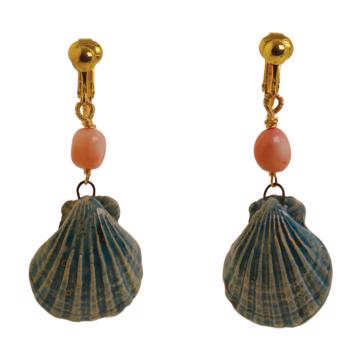 Boucles d'Oreilles Coquillage en corail et faïence, turquoise, oreille non percée [3]
