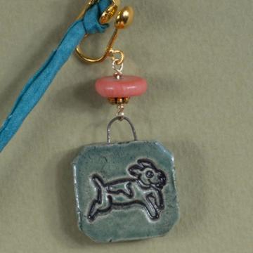 Boucles d'Oreilles Chat et Chien en faïence, vert mer, oreille non percée [3]