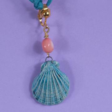 Boucles d'Oreilles Coquillage en corail et faïence, turquoise, oreille non percée [2]