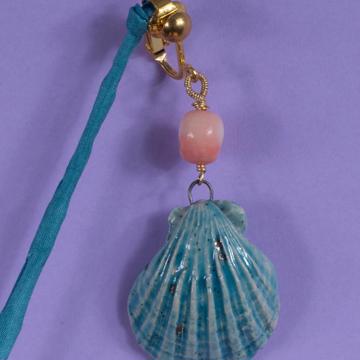 Boucles d'Oreilles Coquillage en corail et faïence, turquoise, oreille non percée [5]