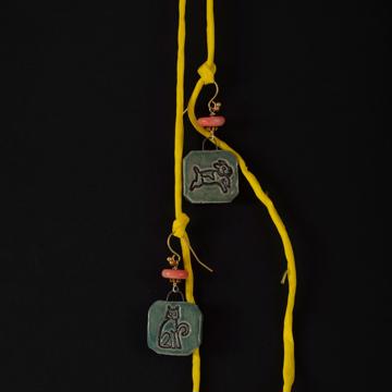 Boucles d'Oreilles Chat et Chien en faïence, vert mer, oreille percée [1]