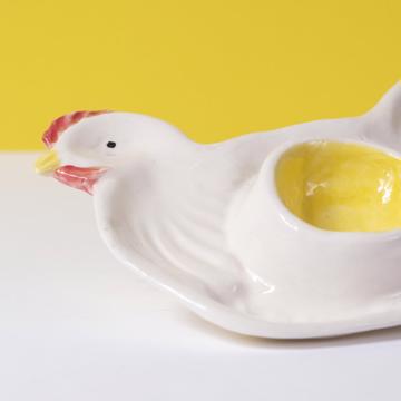 Coquetier Poule et Coq en faïence, blanc, poule [2]