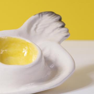 Coquetier Poule et Coq en faïence, blanc, poule [4]