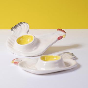 Chick and Rooster egg cup in earthenware, white, set of 2 [1]