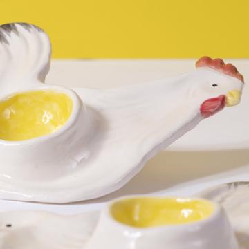Chick and Rooster egg cup in earthenware, white, set of 2 [2]