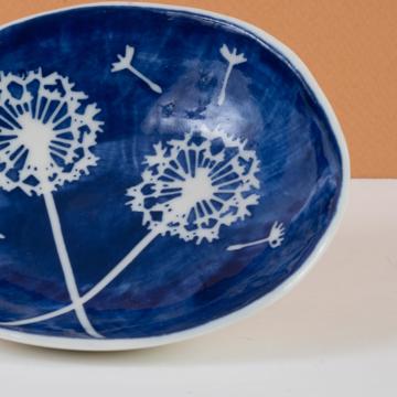 Coupelle Pochoir en porcelaine estampé, bleu foncé, pissenlit [4]