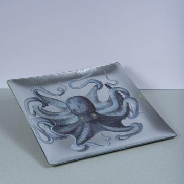 Octopus large dish in decoupage under glass