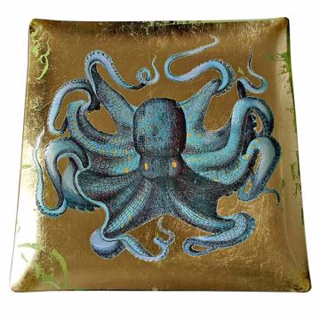 Octopus large dish in decoupage under glass, gold