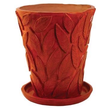 Grand pot de fleur Feuillage en faïence façonnée, orange vif [5]