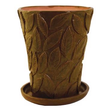 Grand pot de fleur Feuillage en faïence façonnée, vert péridot