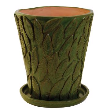 Grand pot de fleur Feuillage en faïence façonnée, vert prairie