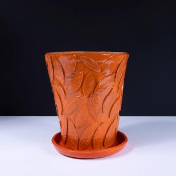Grand pot de fleur Feuillage en faïence façonnée, orange vif [2]