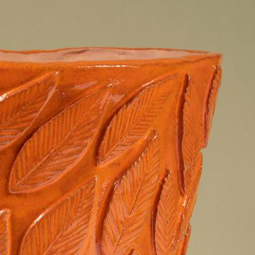Grand pot de fleur Feuillage en faïence façonnée, orange vif [6]