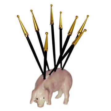 Porte pique Cochon en porcelaine, rose clair, ebène et or [4]
