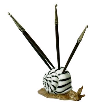 Porte pique Escargot en porcelaine, noir, ebène et argent