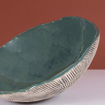 Reef salad bowl in stamped stoneware, duck blue [4]