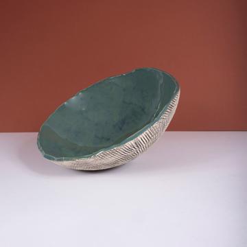 Reef salad bowl in stamped stoneware, duck blue [1]