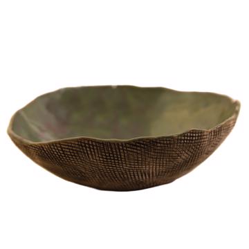 Reef salad bowl in stamped stoneware, moss green 