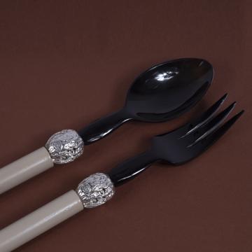 Salade Set Walnut design in wood and horn, beige, silver ring [2]