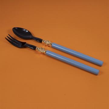 Service à Salade motif Soleil en bois et corne, violet bleu , virole or [1]