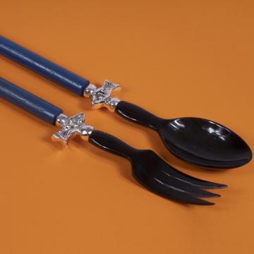 Salad Set Fish design in wood and horn, french blue, silver ring [2]