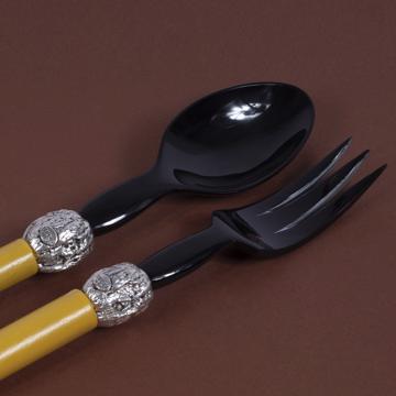 Salade Set Walnut design in wood and horn, yellow orange, silver ring [2]