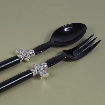 Salad Set Fish design in wood and horn, black, silver ring [2]