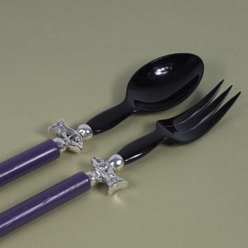 Salad Set Fish design in wood and horn, purple, silver ring [2]