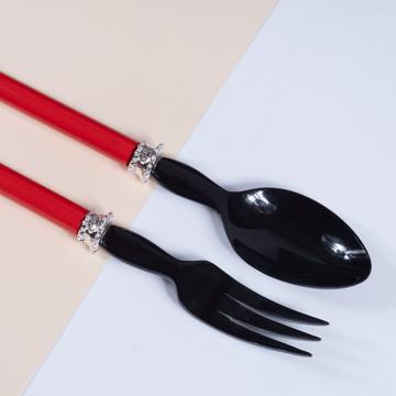 Service à Salade motif Perle en bois et corne, rouge, virole arg [2]