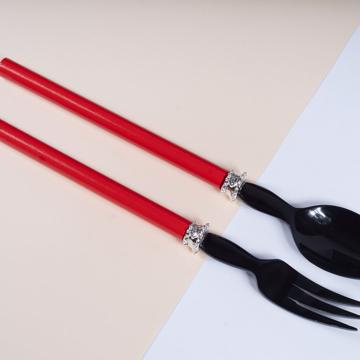 Service à Salade motif Perle en bois et corne, rouge, virole arg [1]