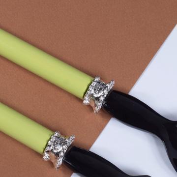 Service à Salade motif Perle en bois et corne, vert clair, virole arg [2]