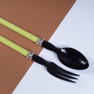 Service à Salade motif Perle en bois et corne, vert clair, virole arg [3]