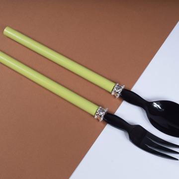 Service à Salade motif Perle en bois et corne, vert clair, virole arg